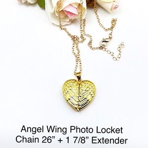 NWT Gold Angel Wings Photo Locket Necklace, 26” + 1 7/8” Ext, Ships in Gift Box